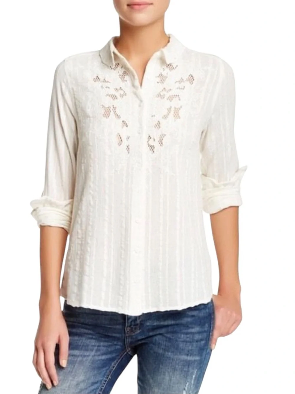 Free People Carter dobbie ivory Button-Front embroidered cotton blouse medium